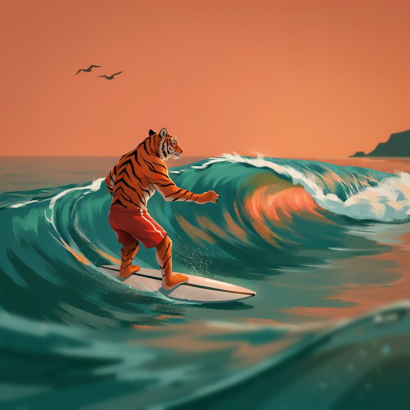 [Anthropomorphic tiger in red board shorts surfs a curling ocean wave beneath a warm orange sunset sky.]