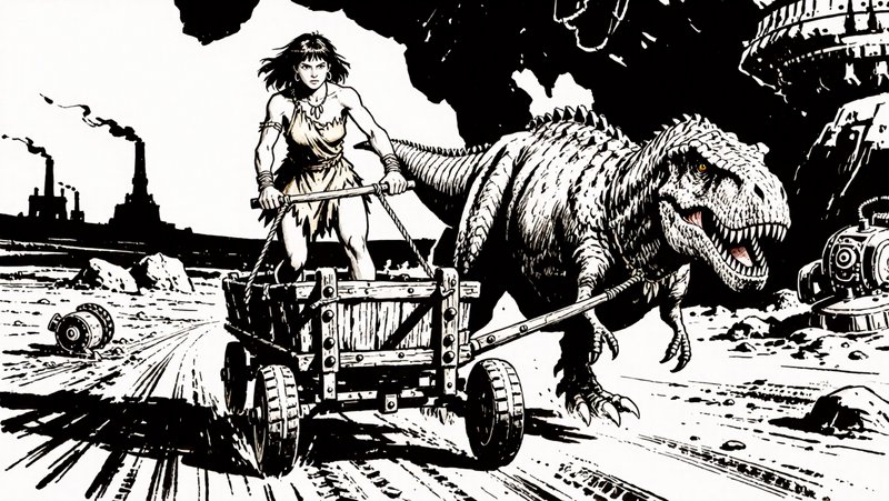 [Black and white ink comic art of a fierce cavewoman steering a wooden cart pulled by a leashed T-rex across an industrial...