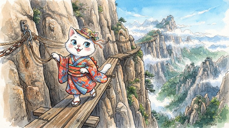 [Cheerful anthropomorphic white cat in a kimono walks on a narrow cliffside mountain walkway above misty peaks, watercolor...
