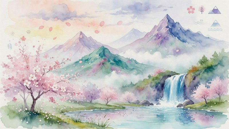 Soft watercolor spring landscape with cherry blossoms, cascading waterfall, and misty pastel mountain peaks