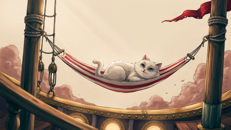 Fluffy white blue-eyed cat relaxes in a red striped hammock strung between fantasy airship masts above pastel clouds.