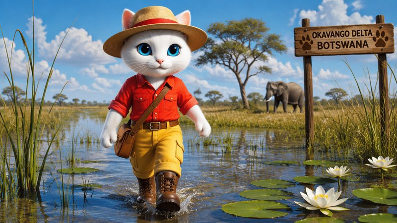 [Cute anthropomorphic cat explorer wades through shallow Okavango Delta wetland, with savanna elephant and destination sig...