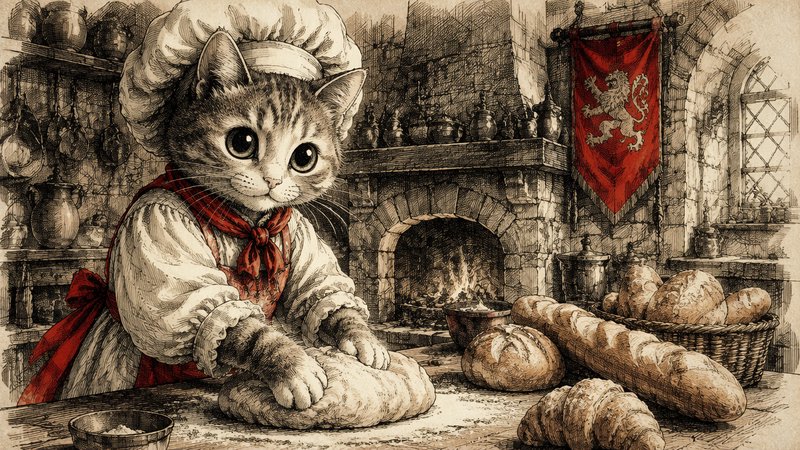Anthropomorphic tabby cat baker kneads bread dough in a cozy medieval stone kitchen, vintage pen illustration