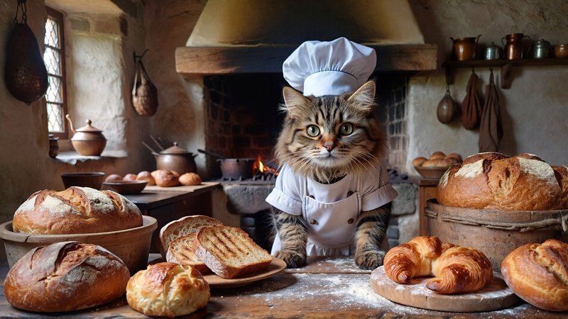 [Fluffy tabby cat wearing a white chef hat and apron stands at a rustic table surrounded by fresh homemade bread and pastr...