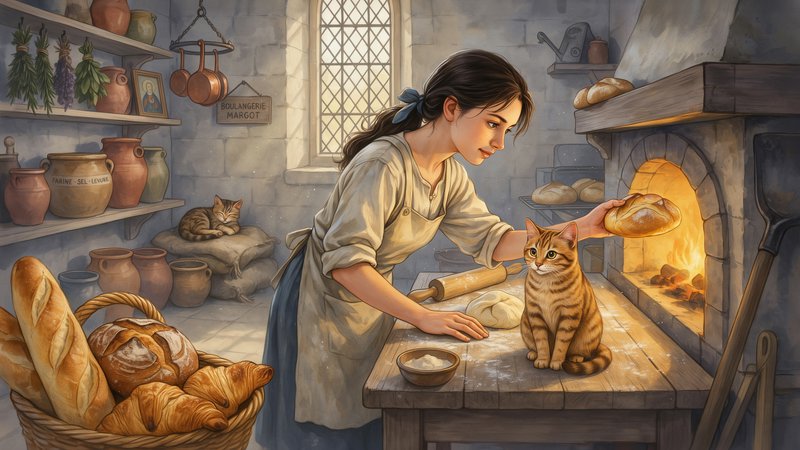 Young rustic village baker holds a fresh loaf of bread while an orange tabby cat sits on her sunlit medieval bakery workta...