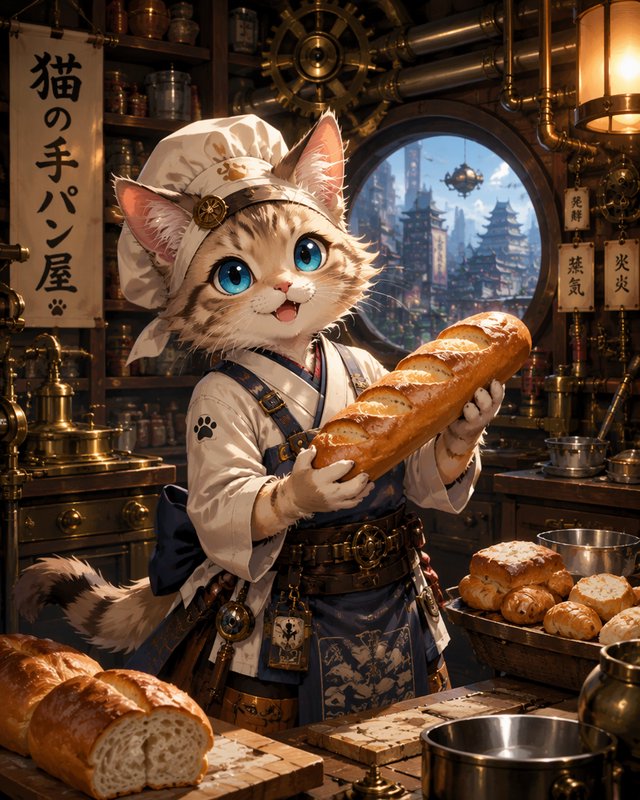 [Cute anthropomorphic tabby cat baker in a chef hat holds a fresh baguette inside a cozy steampunk Japanese bakery]