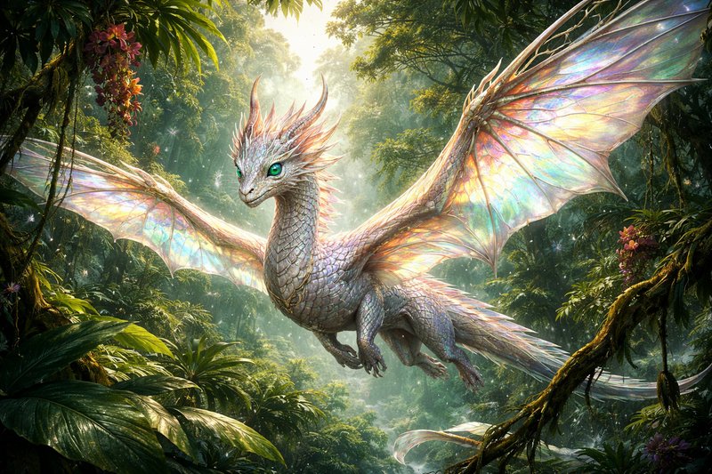 Graceful iridescent fairy dragon with translucent rainbow wings floats in a sunlit lush enchanted tropical jungle