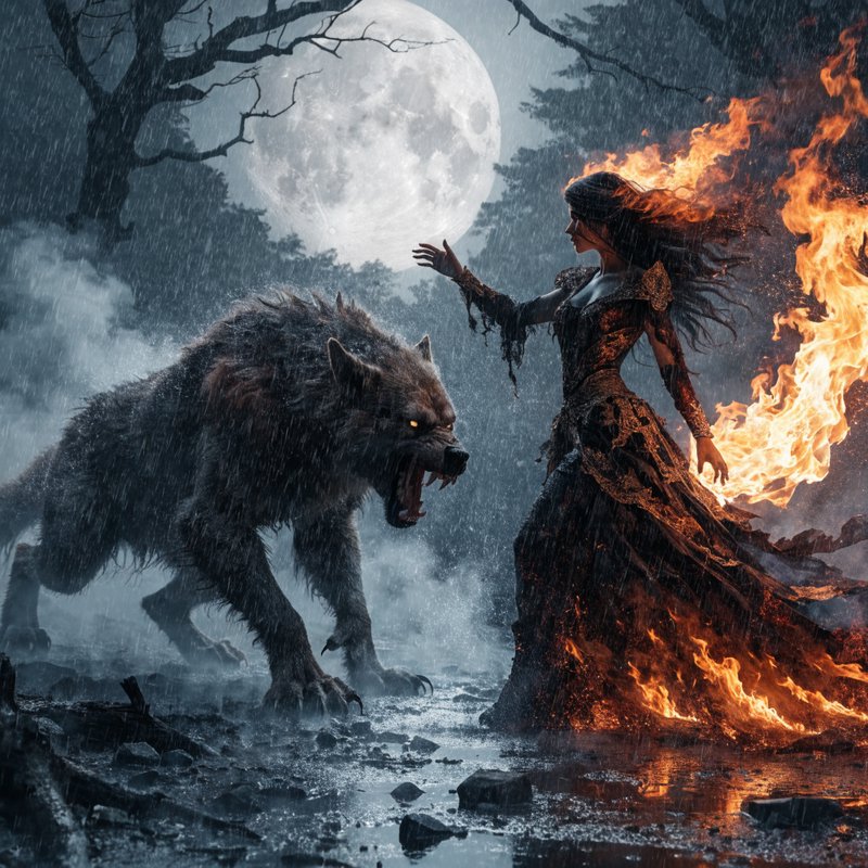 Flame-wreathed dark sorceress confronts a snarling werewolf under a full moon in a misty rainy gothic forest