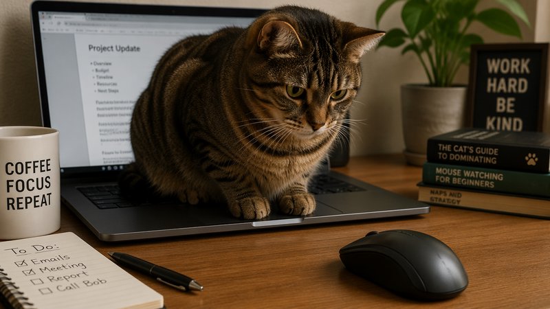 Stern brown tabby cat sitting on the keyboard of an open work laptop on a cozy home office desk