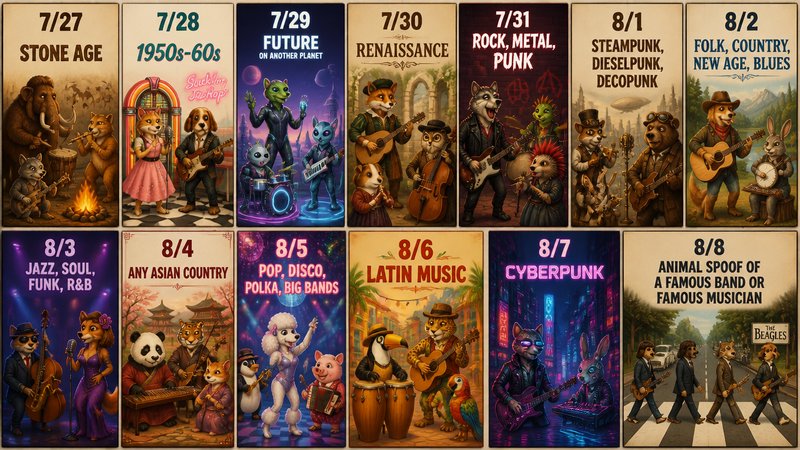 Grid of 14 illustrated daily art challenge cards, each featuring an anthropomorphic animal band themed to a specific