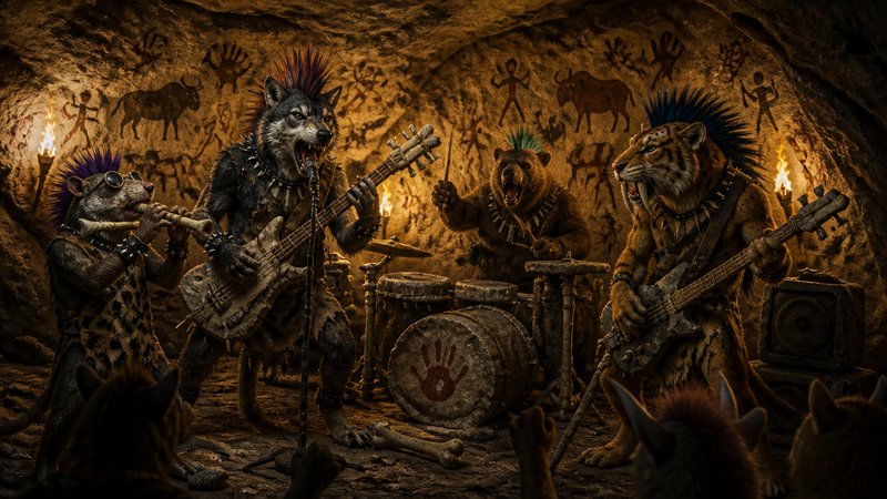 Anthropomorphic mohawk-wearing animal punk rock band performs in an ancient cave lined with prehistoric wall art.
