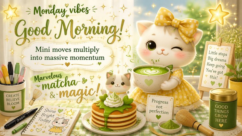 [Whimsical Monday good morning greeting illustration with cute kawaii cat, matcha breakfast spread, and motivational quotes]