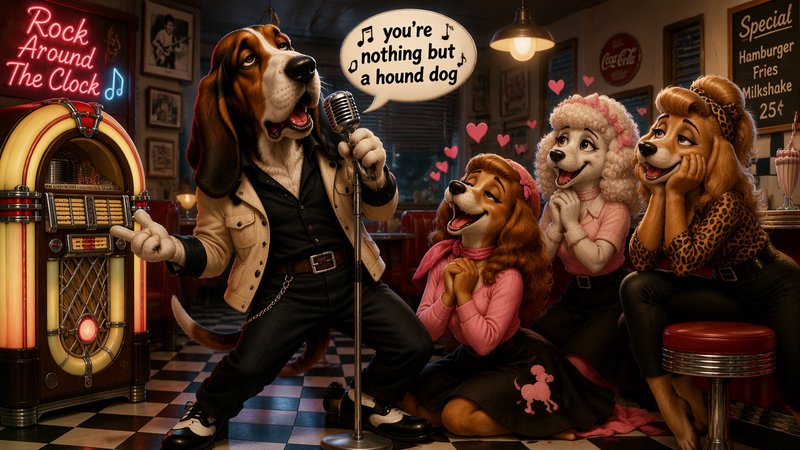 Anthropomorphic basset hound sings into a vintage mic for adoring female dog fans in a 1950s retro diner setting