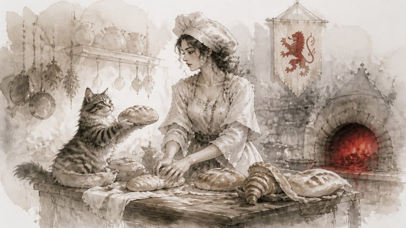 Soft watercolor illustration of a medieval woman baker being offered a loaf of bread by a tabby cat in a cozy castle