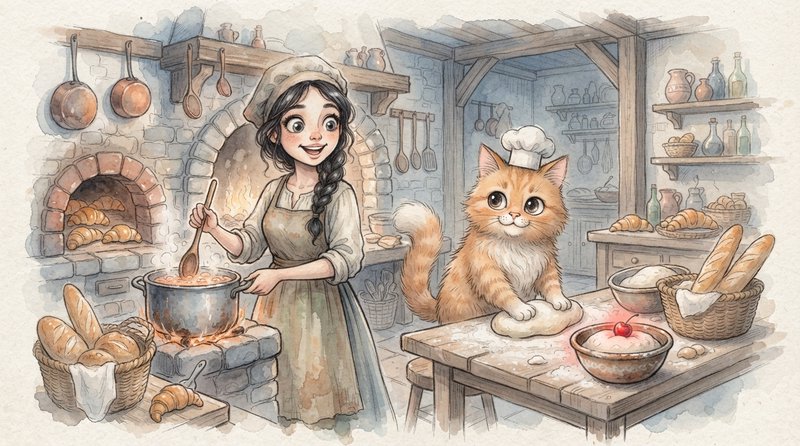 Whimsical watercolor illustration of a girl cooking beside an orange tabby cat wearing a tiny chef hat, baking in a cozy c...