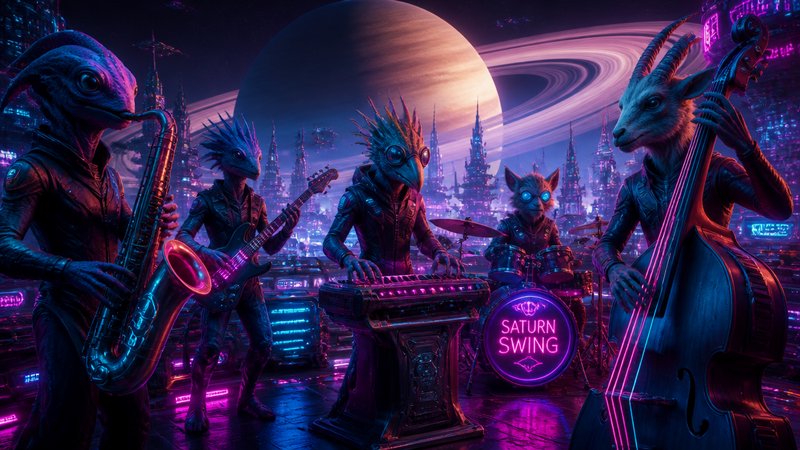 Anthropomorphic alien band "Saturn Swing" performs under neon lights, ringed gas giant hovering over futuristic alien