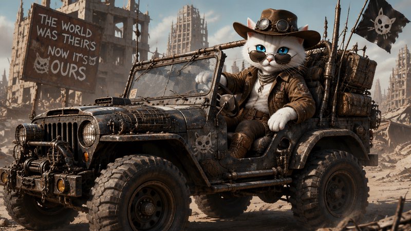[Anthropomorphic white cat in explorer gear driving a rugged modified jeep through a post-apocalyptic ruined city]