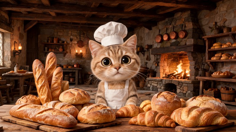 [Wide-eyed tabby cat in chef hat and apron stands behind a table of fresh baked bread in a cozy rustic stone cottage kitchen]