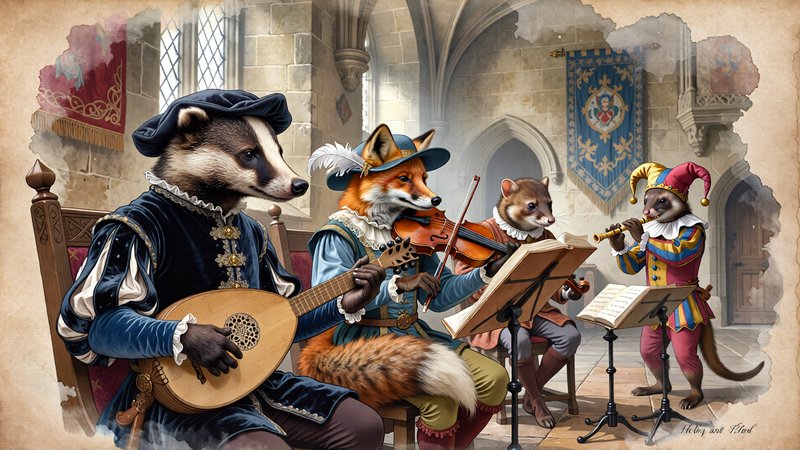 Anthropomorphic animal renaissance quartet plays instruments inside a medieval stone castle hall illustration