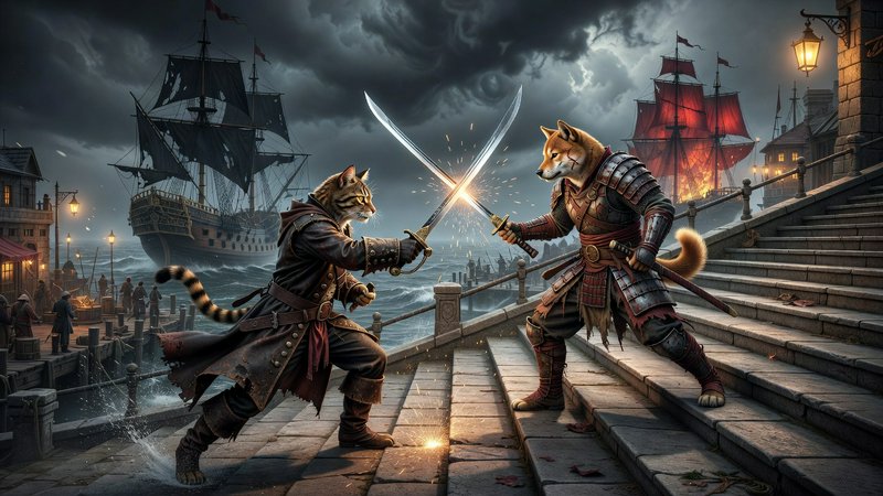 Anthropomorphic tabby cat pirate duels armored Shiba Inu warrior, clashing swords on a stormy fantasy port stone staircase.