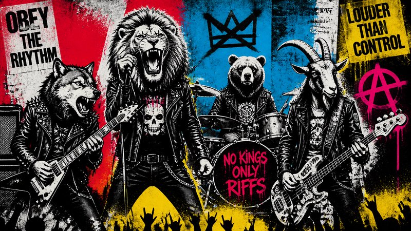 Anthropomorphic punk rock animal band performing: wolf guitarist, lion singer, bear drummer, goat bassist on concert stage.