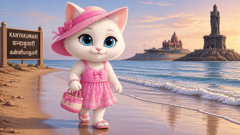 [Cute chibi white cat in pink summer outfit walks along Kanyakumari beach at sunset, with famous island landmarks in the b...