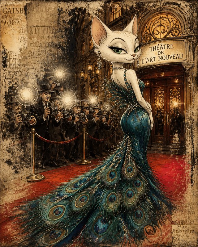 Glamorous anthropomorphic white cat in a peacock feather gown poses on a red carpet for paparazzi outside an Art