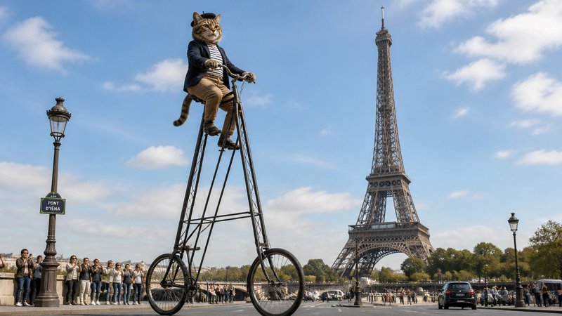 Anthropomorphic tabby cat in French attire rides an ultra-tall bicycle on Pont d'Iéna near the Eiffel Tower, Paris.