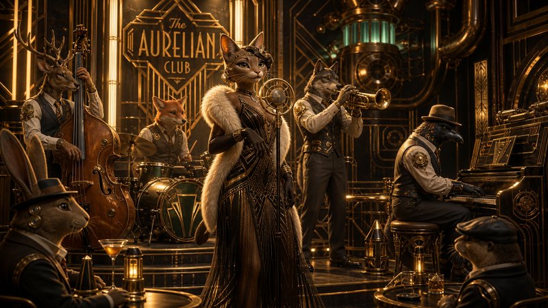 Anthropomorphic animal jazz band performs at the art deco steampunk Aurelian Club, with an elegant cat flapper lead