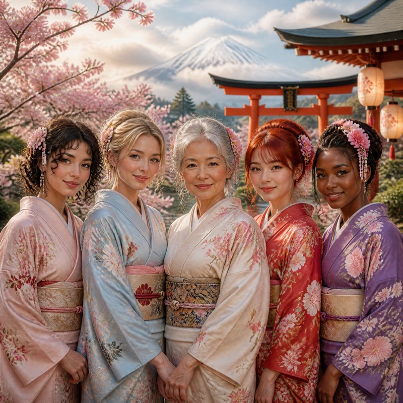 Five diverse women in floral kimonos pose together before cherry blossoms, Mount Fuji, and a traditional Japanese torii gate