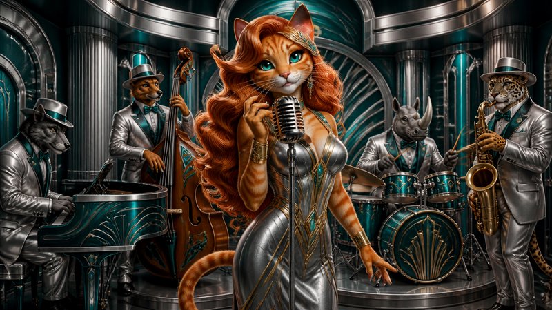 Glamorous anthropomorphic orange cat chanteuse leads an art deco all-animal jazz band on a vintage nightclub stage
