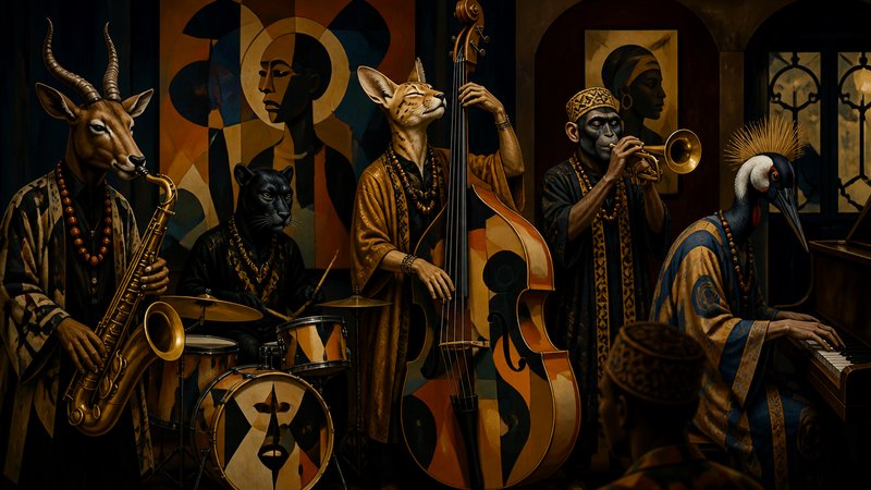 Anthropomorphic animal jazz band performing with instruments in a moody cubist African-inspired jazz lounge