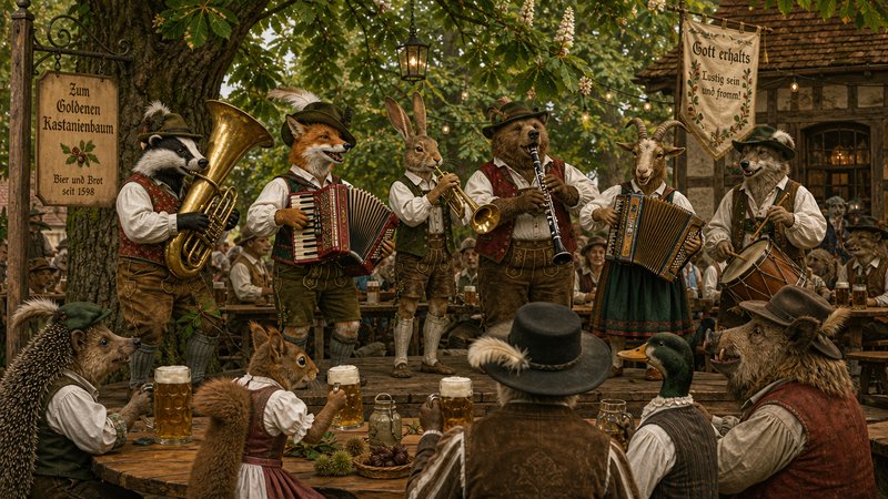 Anthropomorphic forest animal band plays folk music for guests at a rustic Bavarian Oktoberfest beer garden.