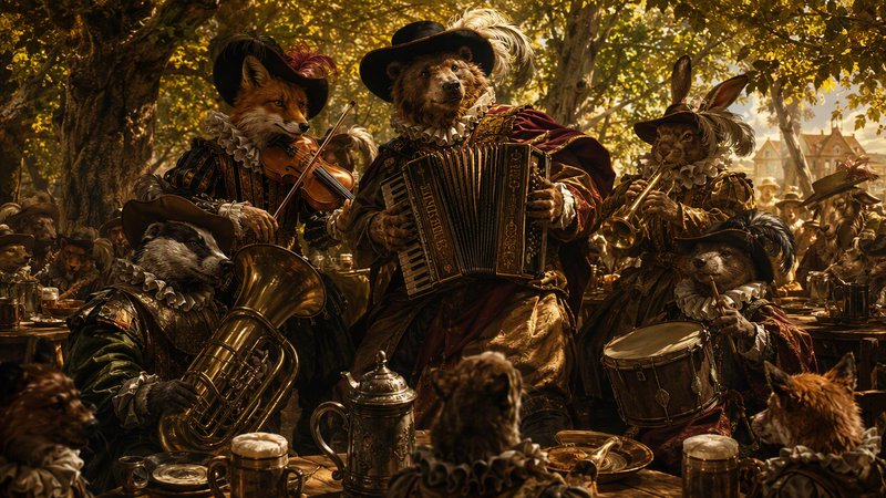 Anthropomorphic animal renaissance musical ensemble performs at an outdoor sunlit autumn village festival.