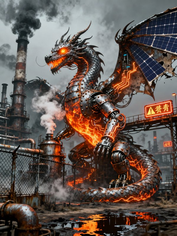 [Mechanical steampunk dragon with glowing orange accents stands in a smoky abandoned industrial refinery]