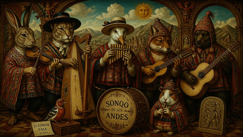 Anthropomorphic costumed animal Andean folk band playing traditional instruments, renaissance painting style mountain