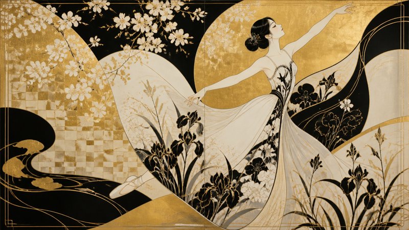 Elegant Art Nouveau illustration of a dancing ballerina, accented with gilded gold, black, and floral cherry blossom and