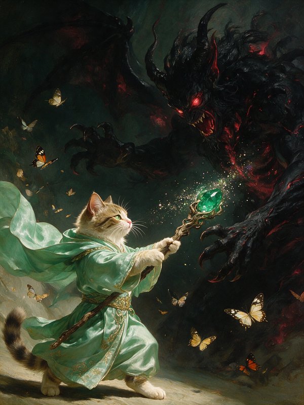 Anthropomorphic tabby cat wizard holds glowing emerald staff, confronting a menacing horned demon surrounded by