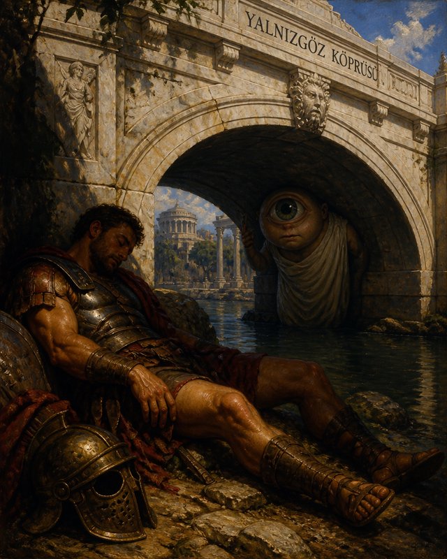 Sleeping armored Roman soldier rests on a riverbank as a robed cyclops watches from under a carved marble classical bridge.