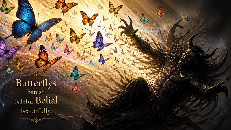 Dark fantasy art of horned demon Belial being banished by a glowing swarm of vibrant multicolored butterflies, with decora...