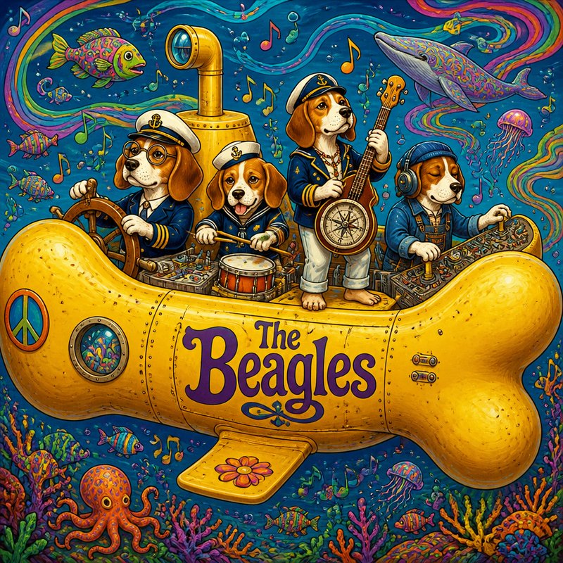 Whimsical illustration of the beagle band "The Beagles" performing aboard a yellow bone-shaped submarine underwater.