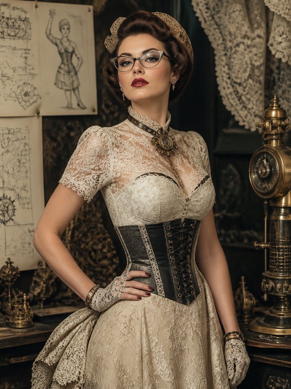 Poised elegant steampunk woman in lace victorian corset gown, cat-eye glasses, posed in a vintage industrial study