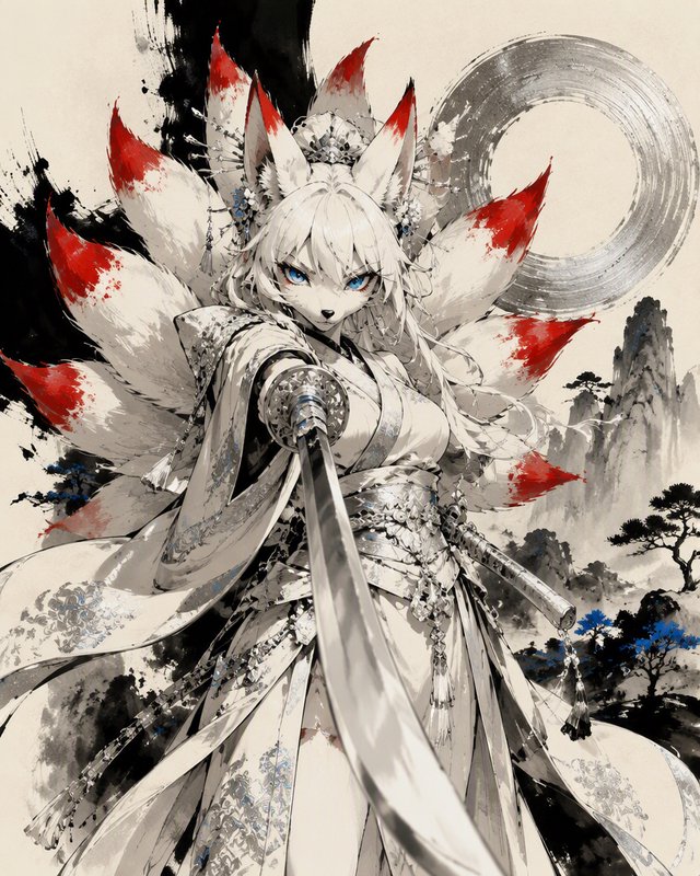 Sumi-e style illustration of a regal nine-tailed kitsune warrior pointing a drawn katana at the viewer