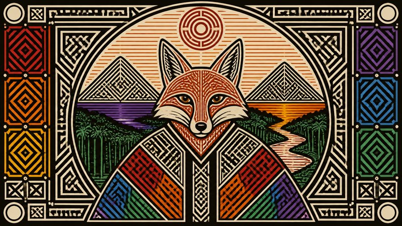 Stylized geometric folk art portrait of a red fox, framed by decorative knotwork border with pyramid river landscape
