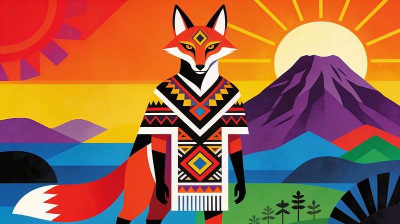 [Geometric folk art illustration of anthropomorphic red fox in patterned poncho against vibrant sunset mountain landscape]