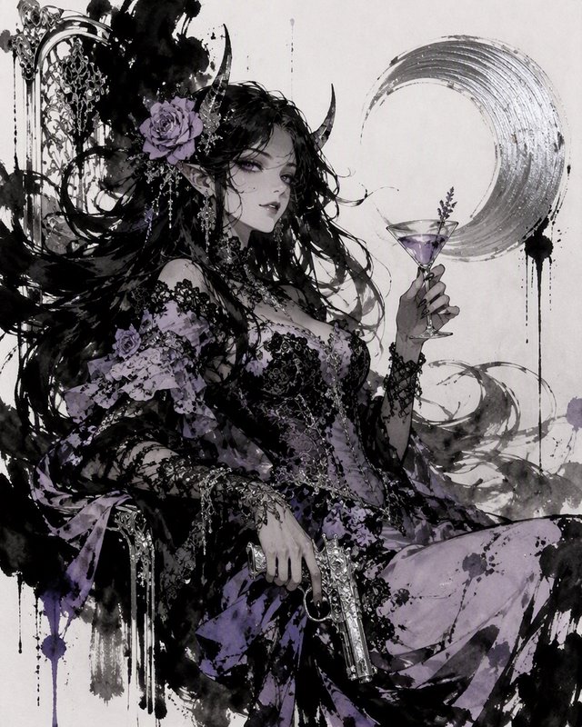 Ink wash fantasy art of elegant horned elf demon woman holding a martini and ornate pistol, lavender gown, crescent