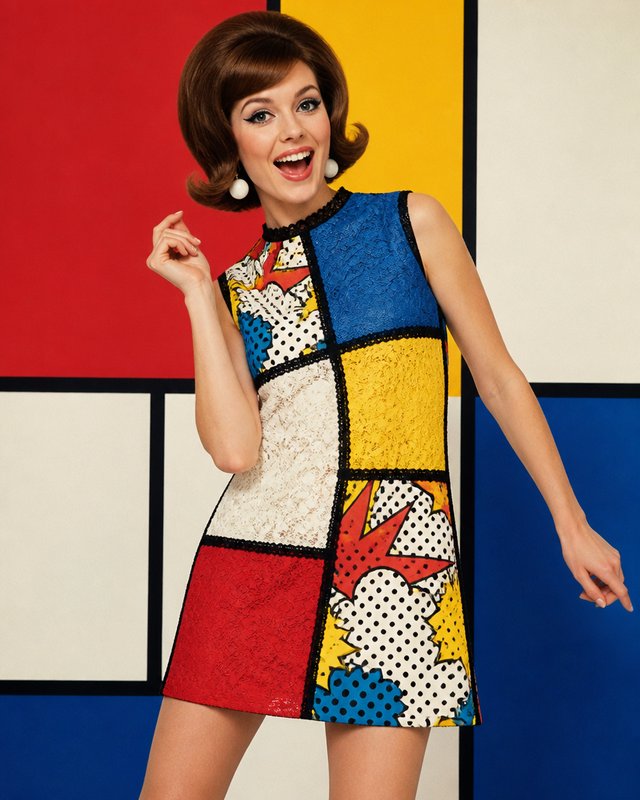 Joyful 1960s mod woman in a pop art color-block mini dress poses against a geometric Mondrian-style primary color backdrop