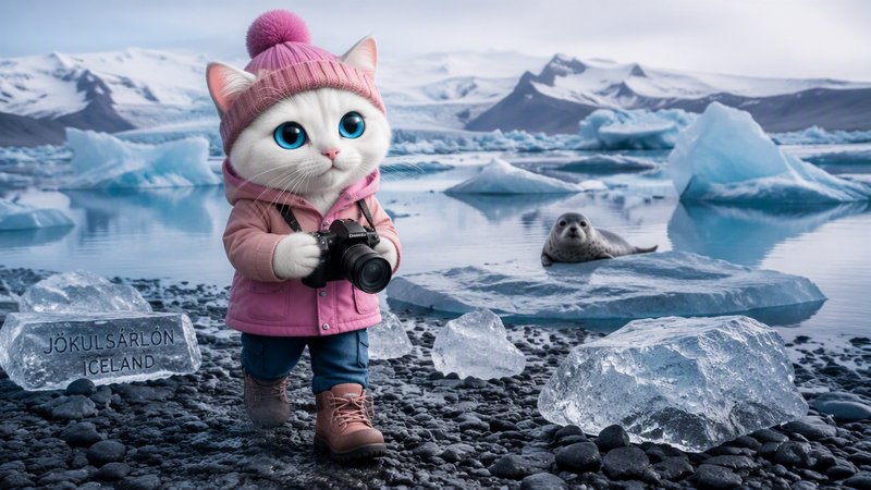 Cute fluffy white cat tourist holding a camera at Jökulsárlón glacial lagoon Iceland, seal resting on ice in the