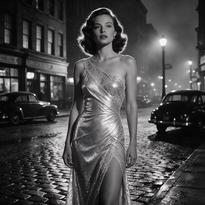 [Glamorous retro Hollywood starlet in a shimmering evening gown stands on a foggy night cobblestone street, classic film n...