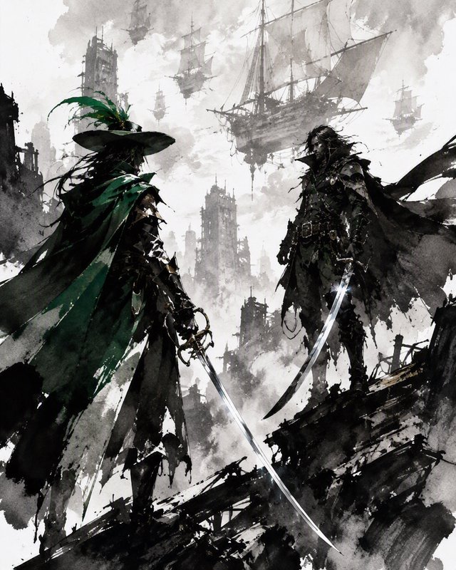 Ink wash illustration of two swashbuckling duelists facing off with drawn swords, floating airships over misty fantasy